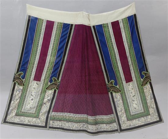 A Chinese silk damask womans skirt, c.1900, length 91cm, removable perspex case